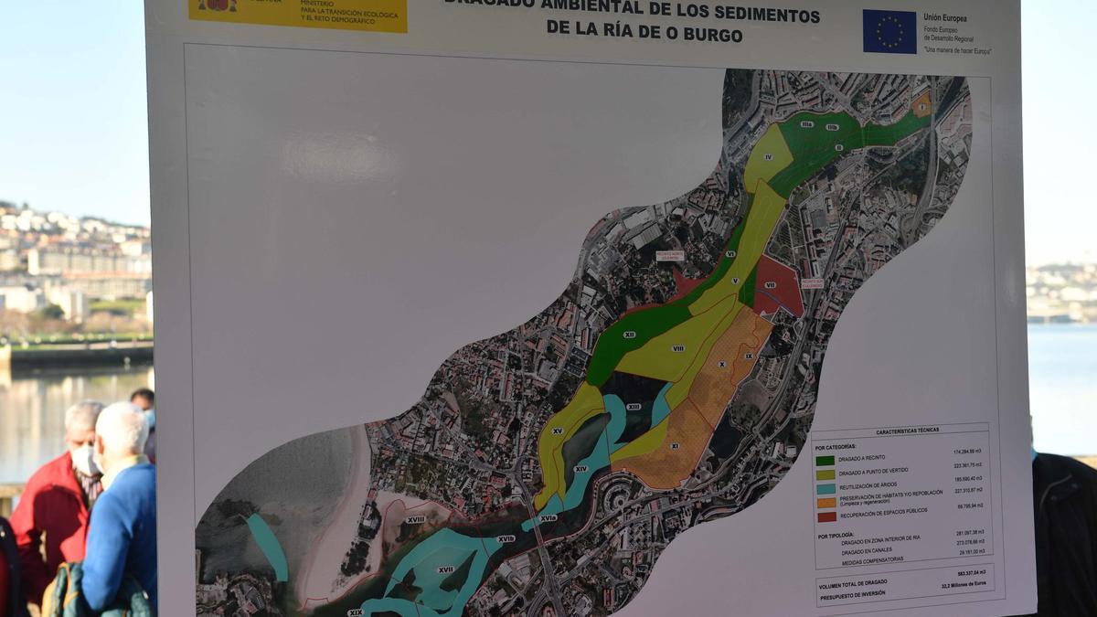 Mapa descriptivo de la actuación prevista para el dragado de la ría de O Burgo.