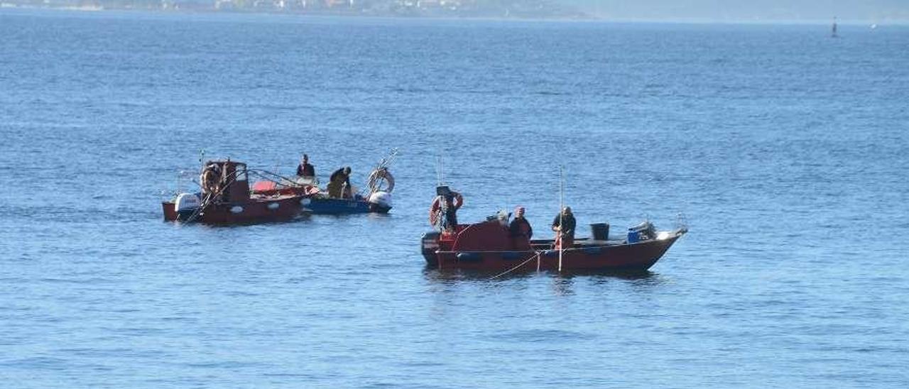 Lanchas del marisqueo a flote, ayer en el banco de Rodeira, en Cangas. // Gonzalo Núñez