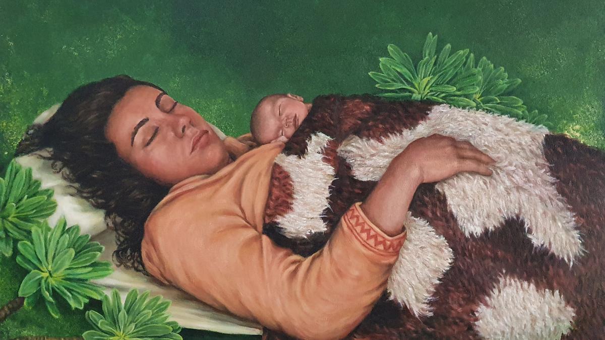 Acrílico Guanche aborigen maternidad de Zoraida Rodríguez para la exposición &#039;Con arte de mujer&#039; en Casa Museo Antonio Padrón