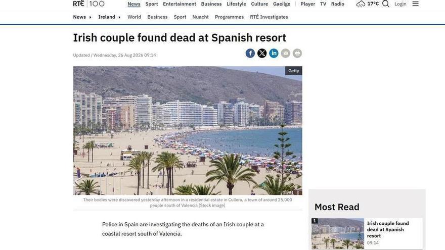 La prensa irlandesa se hace eco del asesinato de la pareja irlandesa en un jacuzzi de Cullera