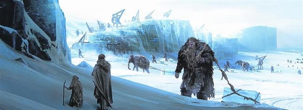 Una de las ilustraciones del libro, con hombres, mamuts, gigantes e hijos del bosque construyendo el Muro.