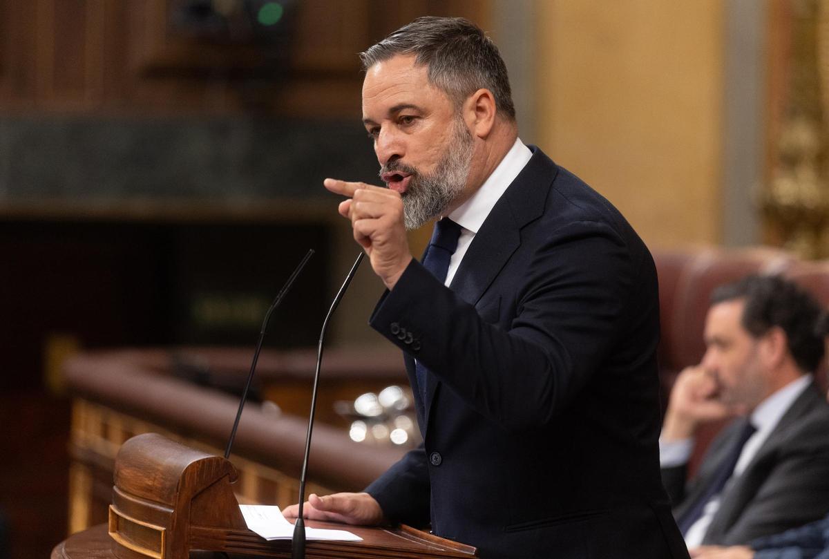 El presidente de VOX, Santiago Abascal, interviene en el Congreso de los Diputados, a 9 de julio de 2025, en Madrid (España). Sánchez comparece en un pleno extraordinario para tratar asuntos pendientes como la im