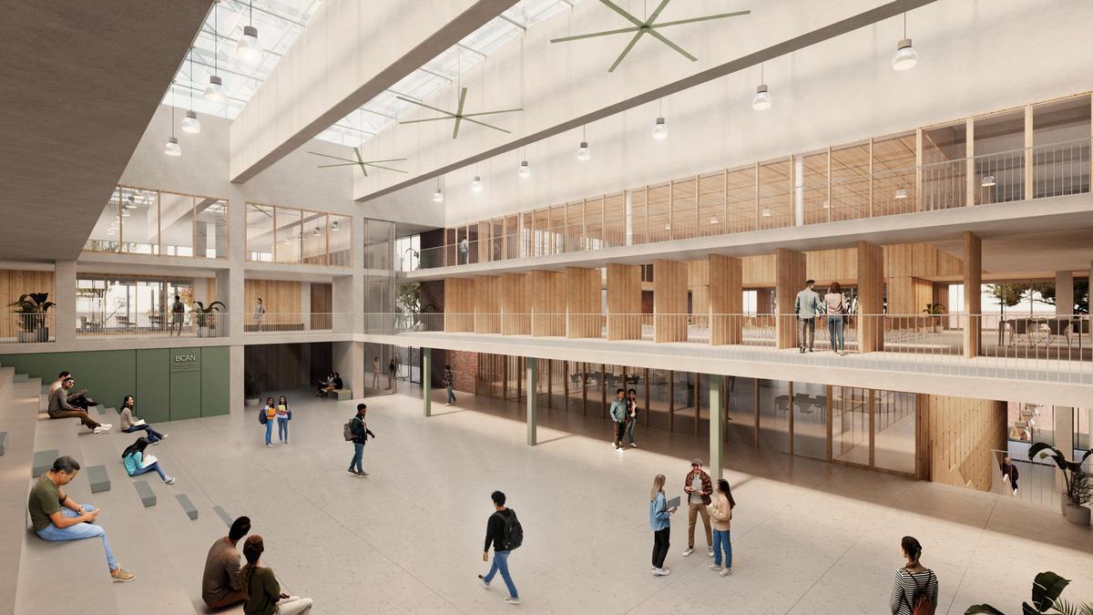 Recreación del patio central del futuro BCAN, en el espacio que ahora ocupa la platea y el escenario del antiguo teatro de las Llars Mundet, en Barcelona.