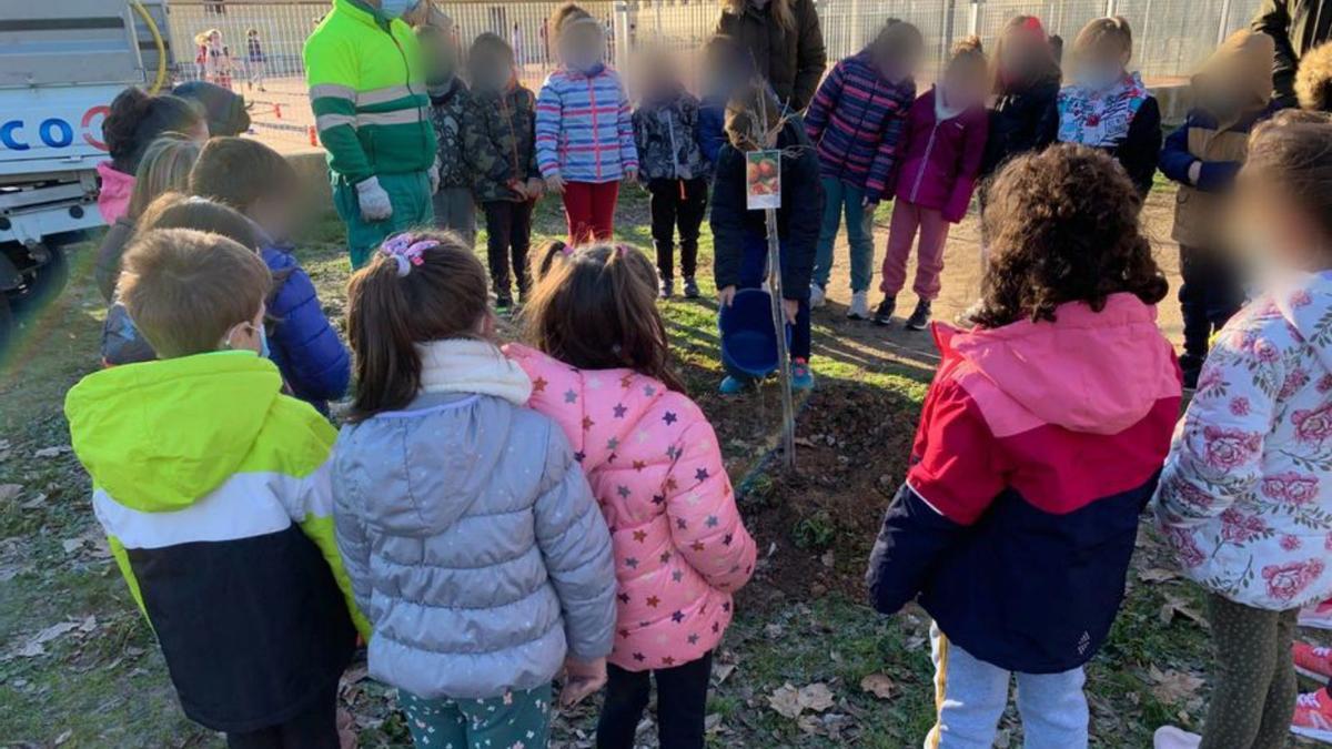 Uno de los alumnos empapa la tierra ante la vista de sus compañeros.