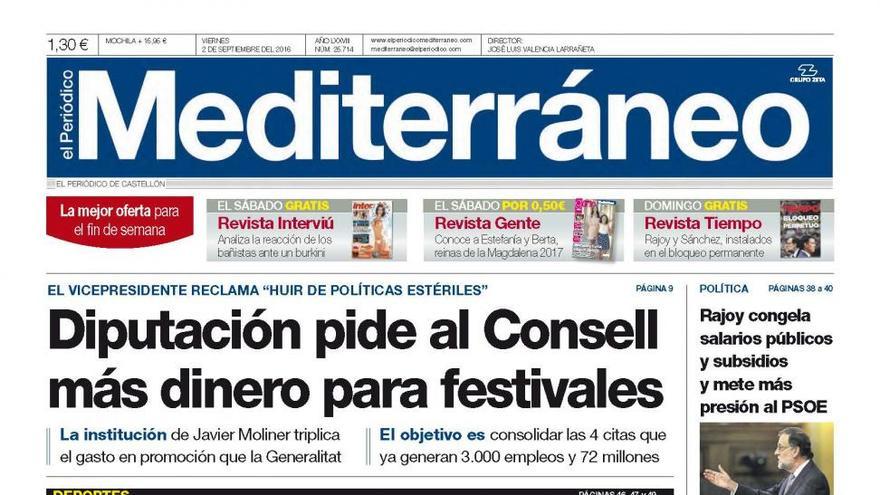 Diputación pide al Consell más dinero para festivales, en la portada de Mediterráneo