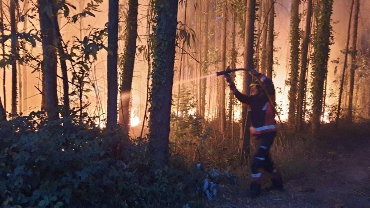 Un bombero durante las labores de extinción de un incendio en el Monte Areo, en Gijón.