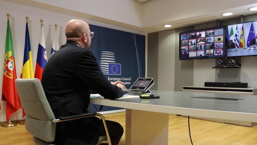 El president del Consell Europeu, Charles Michel, durant la videoconferència amb els líders de la UE