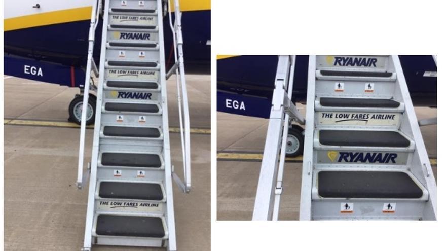 Detalle de las escalerillas delanteras de algunos aviones de Ryanair.