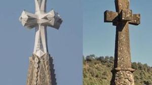 La cruz de la Torre de Jesús de la Sagrada Família, a la izquierda, y la del cementerio de Olius, a la derecha.