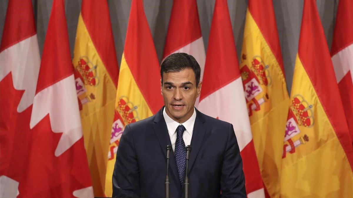 Pedro Sánchez, en rueda de prensa en Montreal (Canadá)