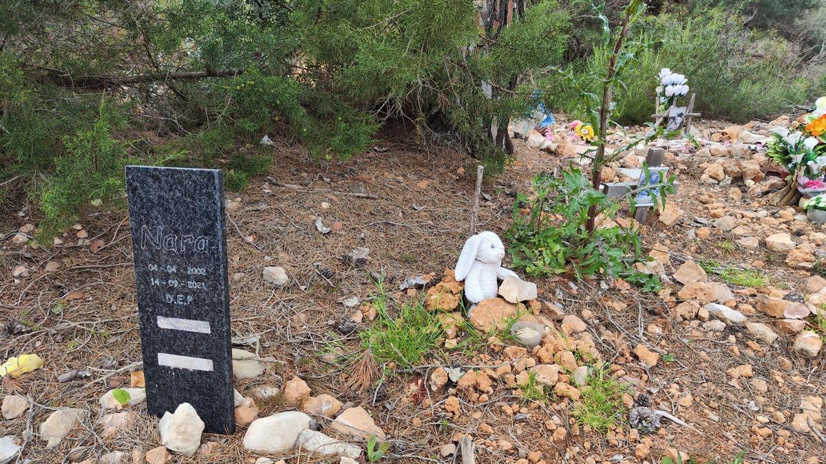 Lápida, cruces, muñecos y flores de plástico decoran tumbas de perros y gatos en sa Caleta.