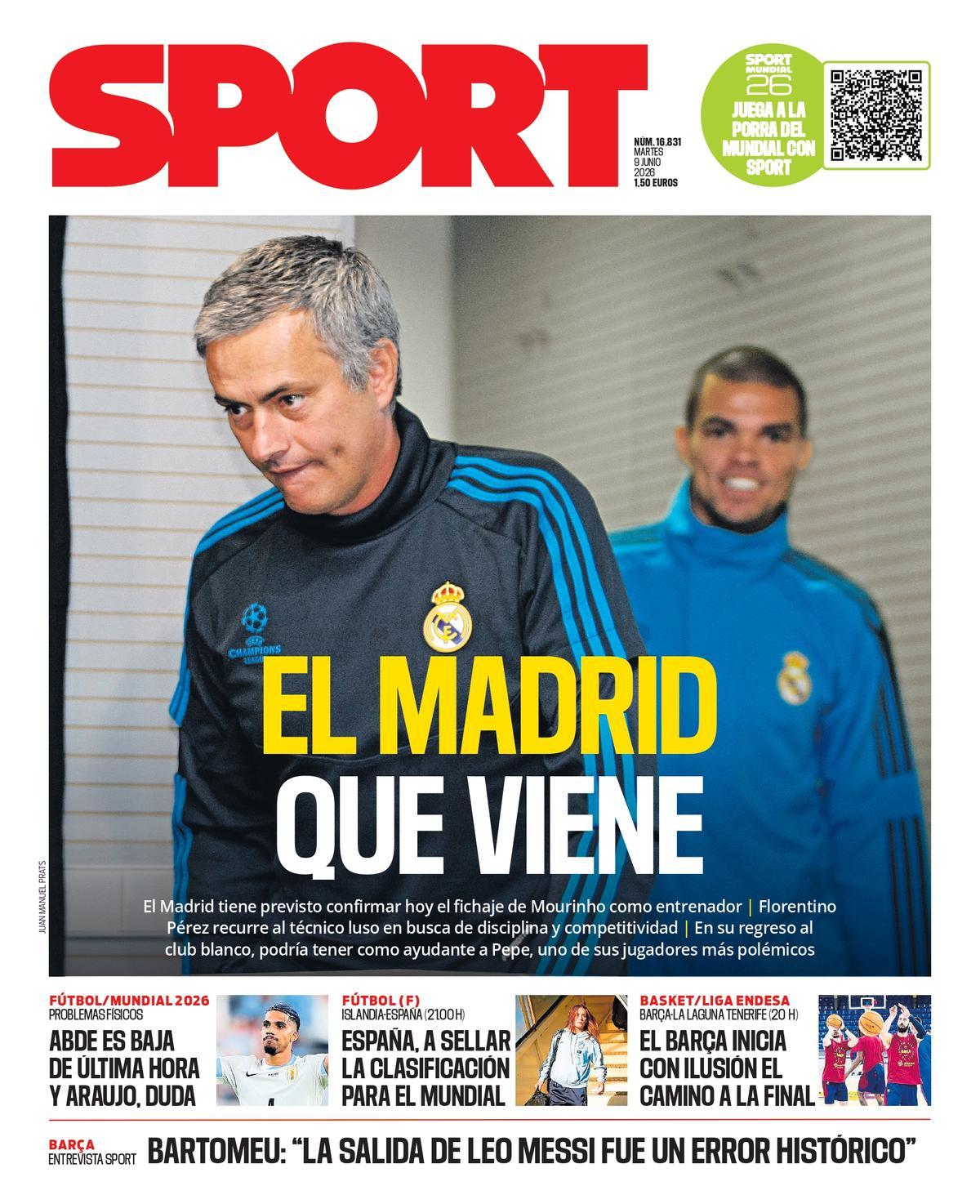 Esta es la portada de SPORT de hoy martes, 9 de junio de 2026