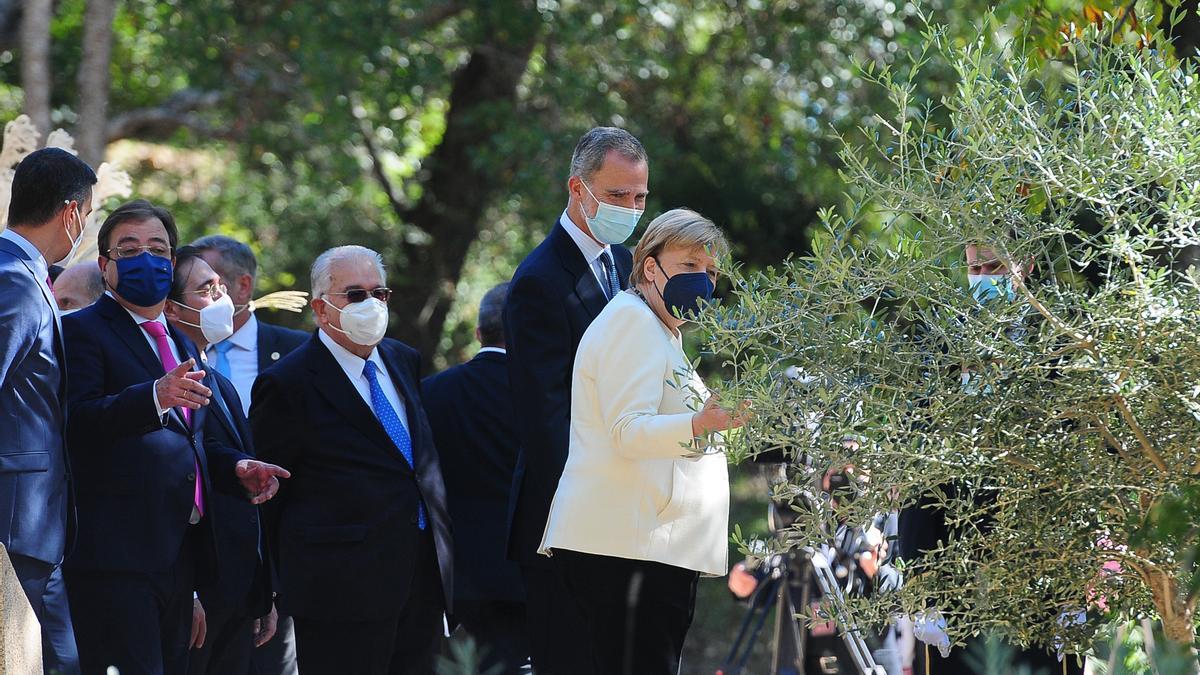 Merkel y el rey, junto al olivo de la paz, en los jardines del monasterio.