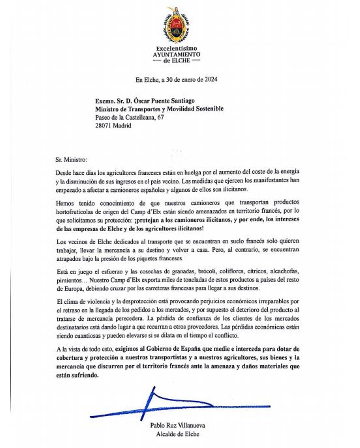 Carta enviada por el alcalde al ministro Óscar Puente