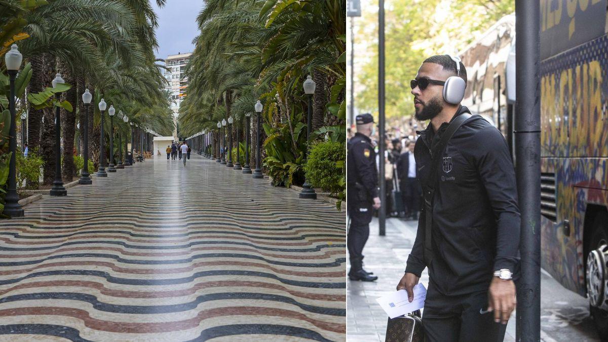 Una imagen de archivo de la Explanada junto a una fotografía de Memphis este medio día llegando al hotel de Alicante en el que se concentrará el FC Barcelona