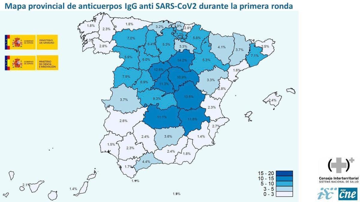 Mapa de anticuerpos anti SARS-CoV2 durante la primera ronda del estudio seroprevalencia en España.