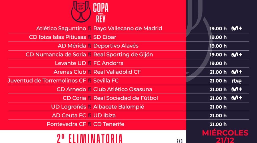 Partidos y horarios de Copa del Rey fijados para el miércoles 21 de diciembre.