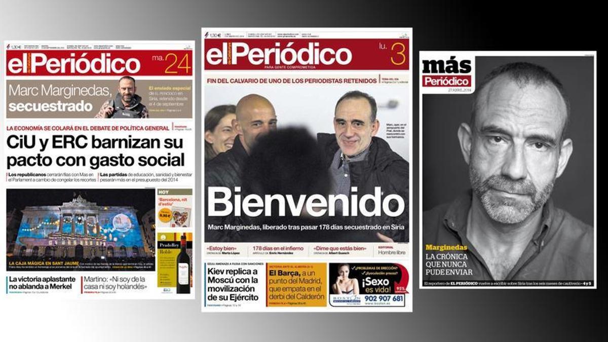 Las portadas de El Periódico de Catalunya en la que se anunció el secuestro de Marginedas, su liberación y la del suplemento en el que ofrecía su relato.