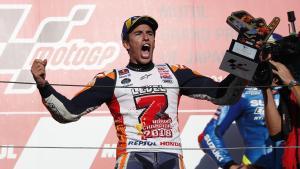 MotoGP - Japanese Grand Prix - Twin Ring Motegi, Motegi, Japan - October 21, 2018 Repsol Honda’s Marc Marquez celebrates winning the MotoGP race and the MotoGP world title on the podium REUTERS/Toru Hanai