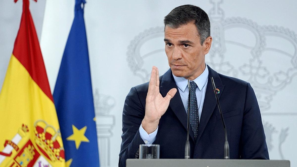 El presidente del Gobierno, Pedro Sánchez, durante la rueda de prensa posterior al Consejo de Ministros, el 25 de agosto