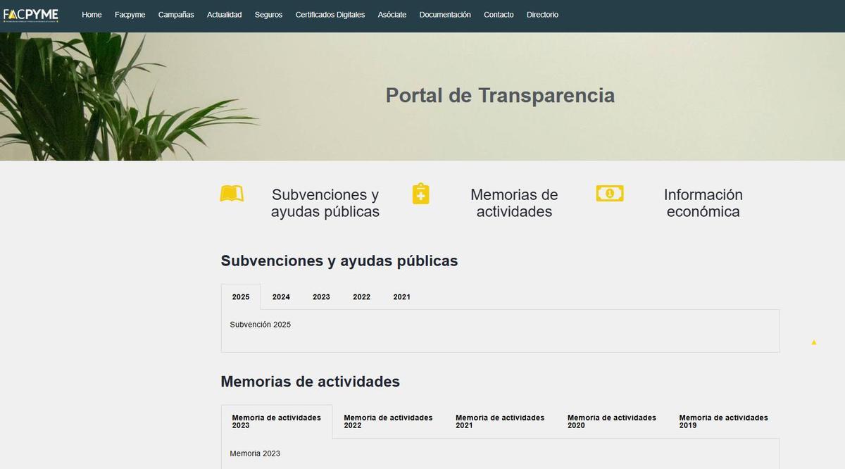 Esqueleto del portal del transparencia de Facpyme que carece de datos por ahora.