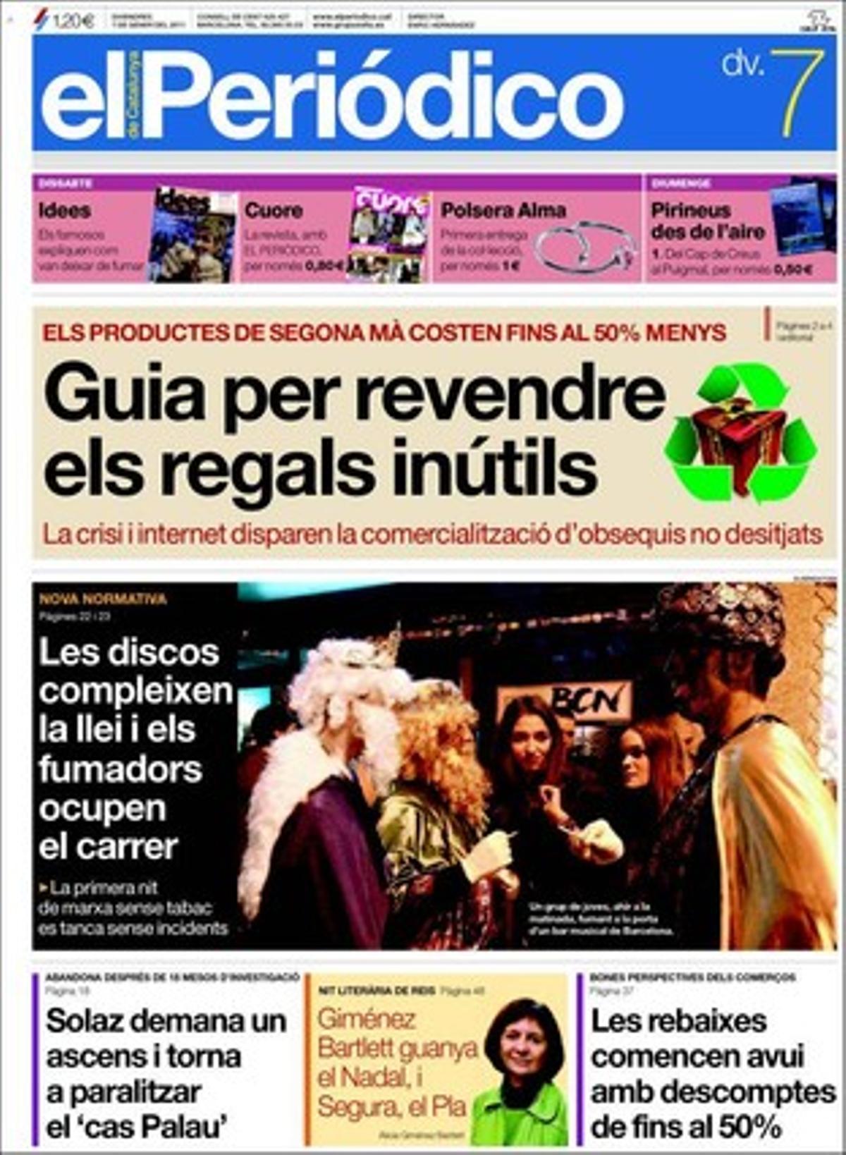 EL {PERIODICO} destaca a més en pàgines interiors que Barcelona és l’única ciutat espanyola que no costeja el Bicing amb la publicitat de l’empresa que presta el servei, i que l’impost de societats cau el 21% a Espanya el 2010 malgrat el retorn del benefici.