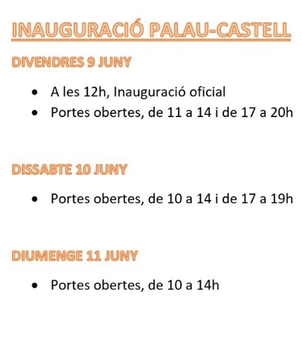 Horarios de los actos con motivo de la inauguración del Palau de Betxí.