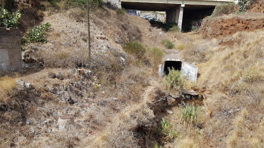 El barranco que discurre por la zona, con maleza y basuras.