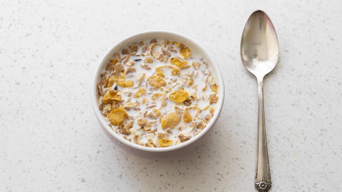 Cuenco de leche con cereales en una imagen de archivo