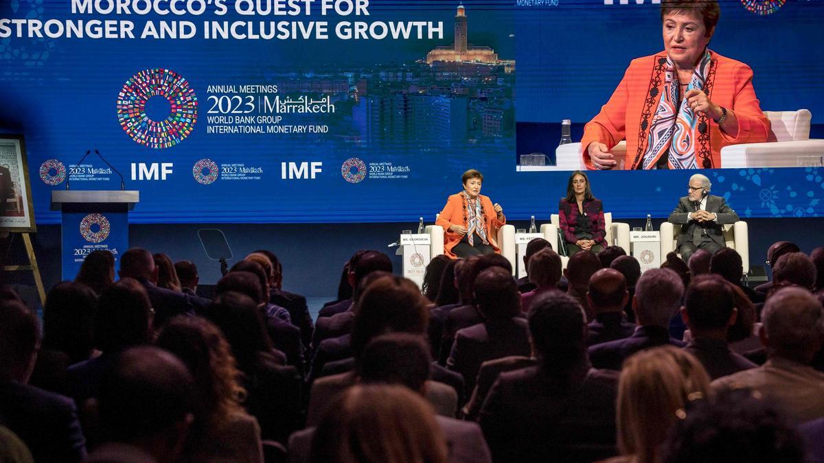 La directora gerente del FMI, Kristalina Georgieva, en la sesión inaugural de la asamblea anual del organismo en Marrakech, este lunes.