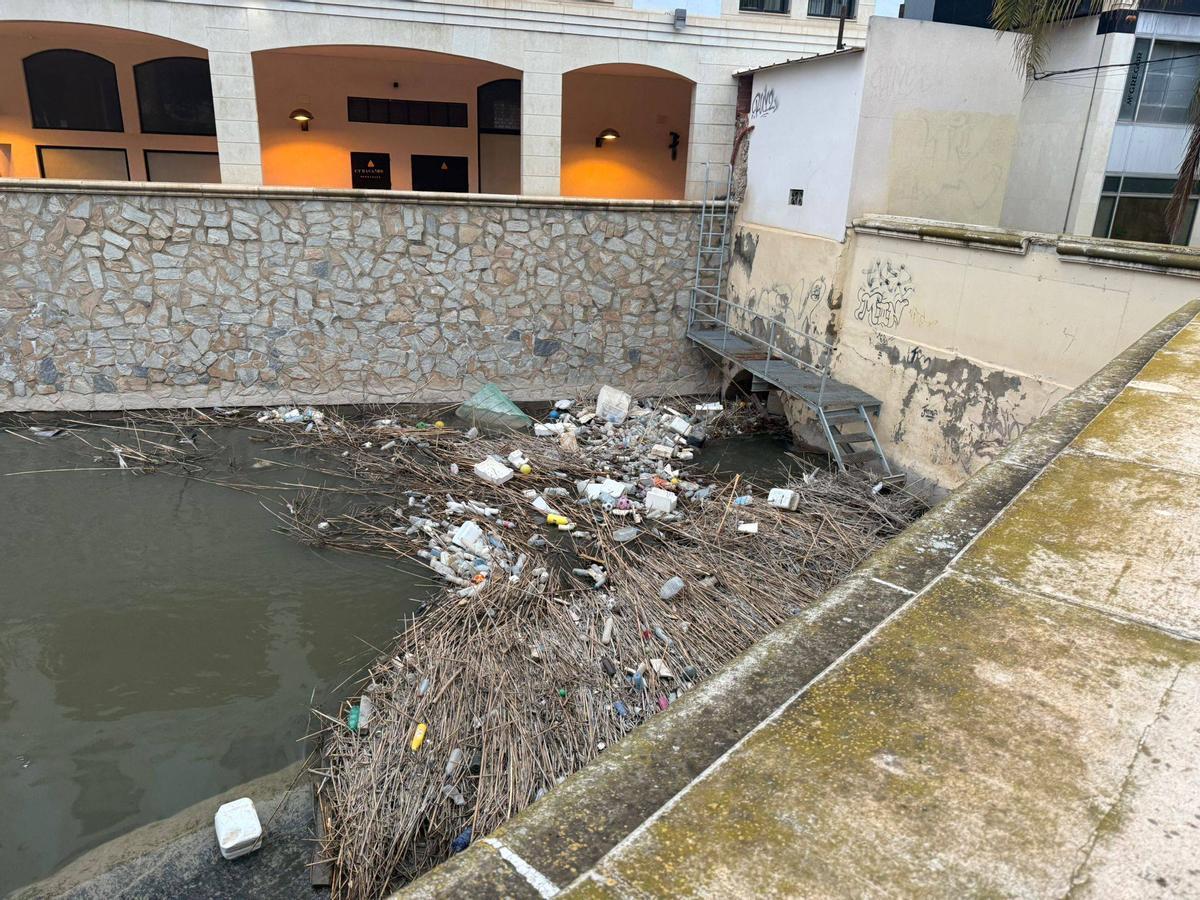Basura acumulada en el río Segura a la altura del Puente Nuevo