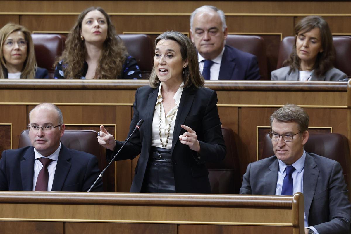 Alberto Núñez Feijóo junto a Cuca Gamarra y Miguel Tellado en la sesión de control.