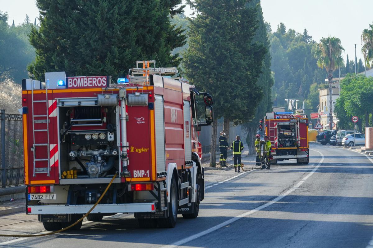 Bomberos trabajan en el Conjunto Arqueológico de Itálica para sofocar las llamas. A 8 de agosto de 2025 en Santiponce, Sevilla (Andalucía, España). El Consorcio provincial de Bomberos trabaja en un incendio declarado en el interior del recinto de Itálica