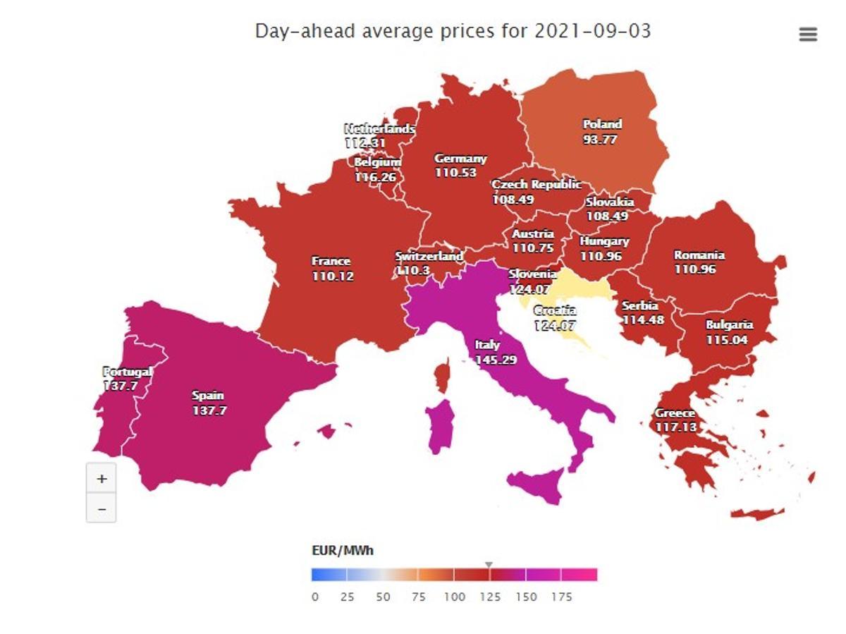 Precio medio del mercado mayorista de la luz en Europa (3 de septiembre de 2021)
