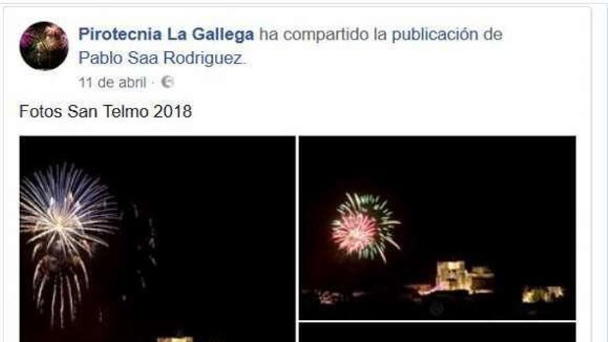 Fotos en Facebook del espectáculo pirotécnico. Pirotecnia La Gallega compartió en su página de Facebook las fotos del fotógrafo tudense Pablo Saa, que captan los fuegos de este año en San Telmo. Las personas que presenciaron el espectáculo eran ajenas a que el Ayuntamiento contrató a una empresa que tenía una orden de cierre y derribo en firme.