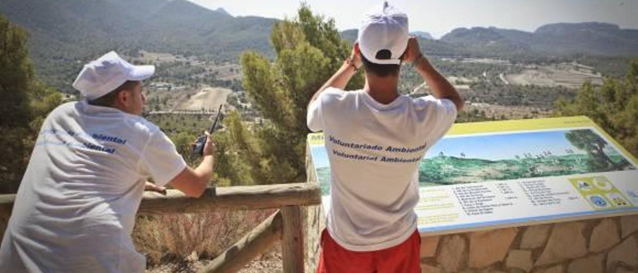 Dos voluntarios vigilando con prismáticos las sierras del entorno de Xorret de Catí.