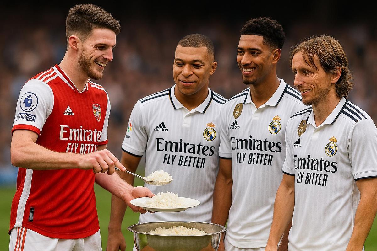 Imagen generada con IA donde Declan Rice sirve arroz a Mbappé, Bellingham y Modric.