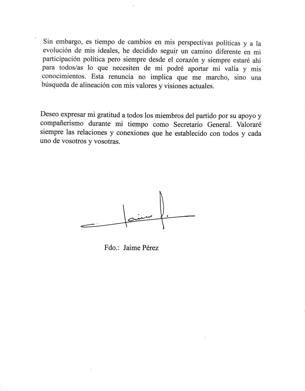 Carta de renuncia de Jaime Pérez