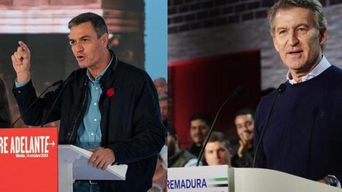 Pedro Sánchez en Mérida y Núñez Feijóo en Lobón, en sendos actos de precampaña.