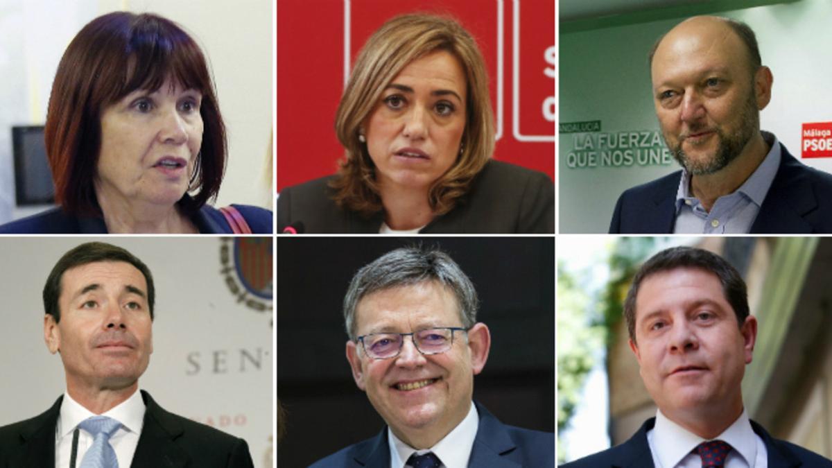Arriba, de izquierda a derecha, Micaela Navarro, Carme Chacón y Antonio Pradas. Abajo, Tomás Gómez, Ximo Puig y Emiliano García-Page.