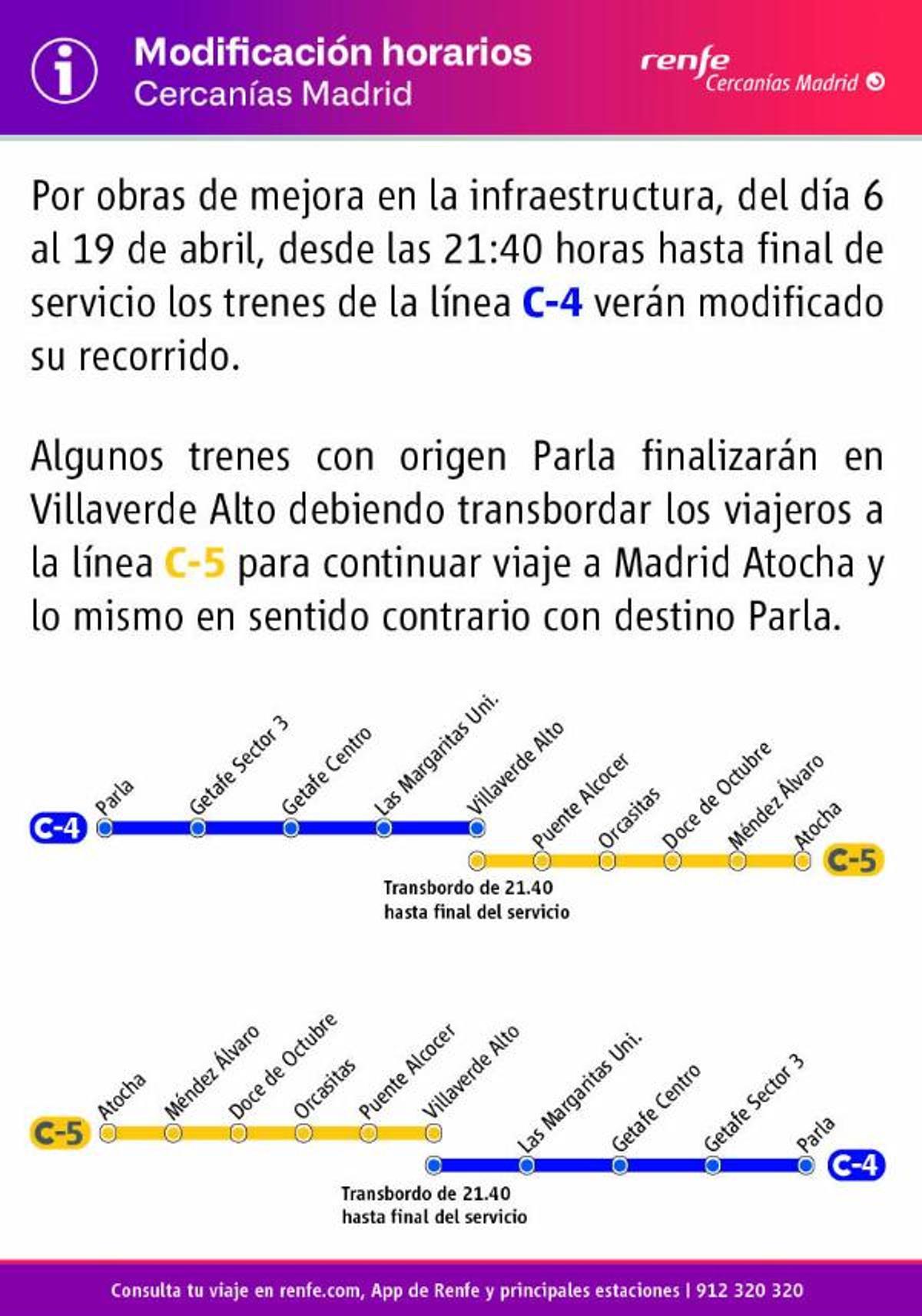 La línea C-4 sufre cambios entre el 6 y el 19 de abril desde las 21:40.