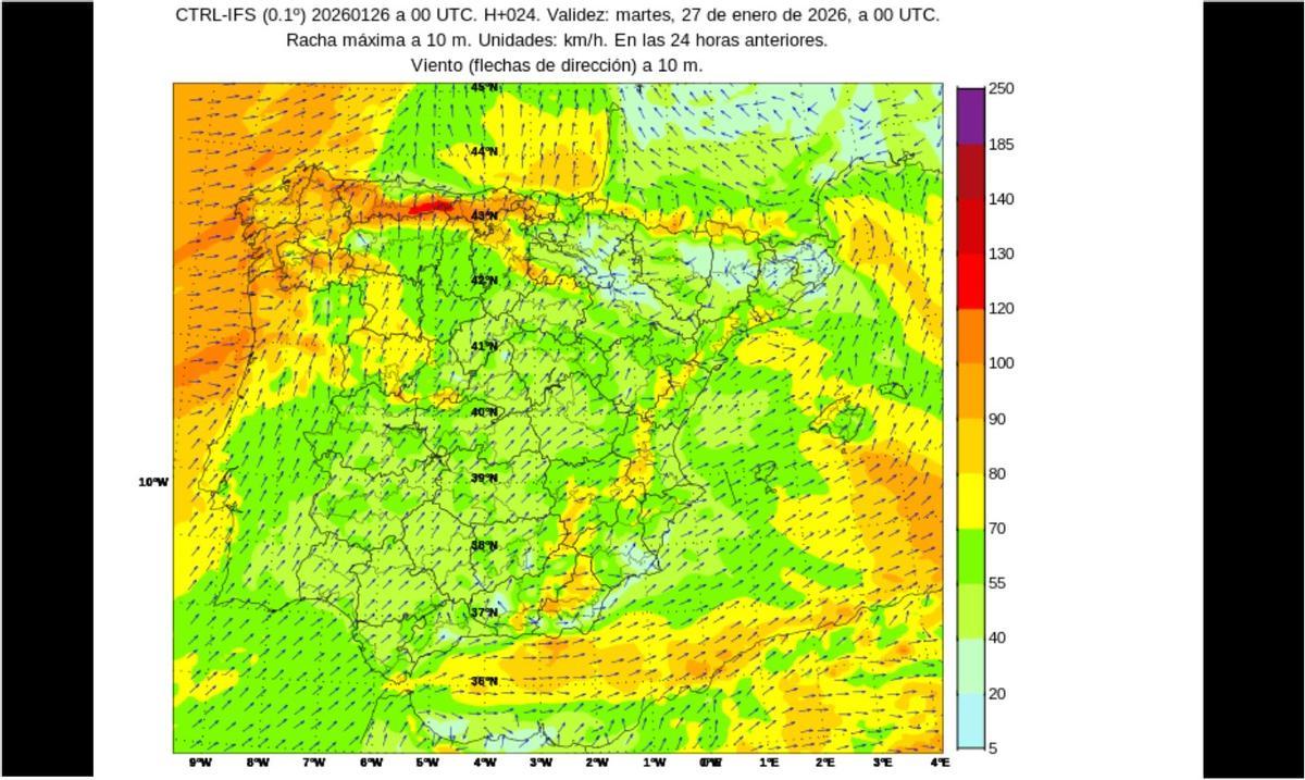 Rachas de viento esperadas en España hoy martes, 27 de enero.