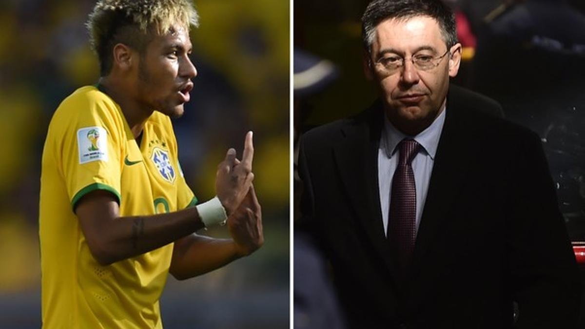 Neymar, durante un partido con Brasil, y Josep Maria Bartomeu.