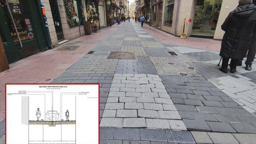 Aspecto actual del pavimento de la calle La Rúa. Sobre estas líneas, plano de la actuación.