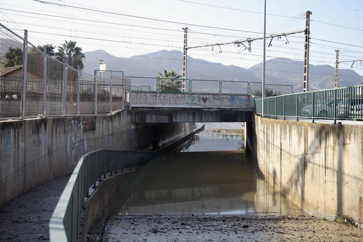 Los vecinos de la barriada de Doña Ana en la Estación de Cártama, junto al operarios Infoca, limpian los estragos de la nueva inundación provocada por la crecida del Guadalhorce durante la borrasca Francis