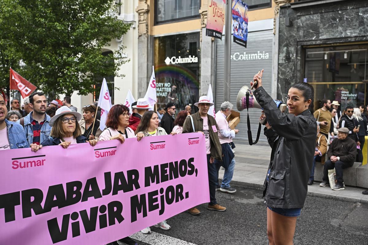 La formación Sumar en la manifestación del Primero de Mayo este jueves en Madrid que este año lleva por lema "Proteger lo conquistado, ganar futuro".