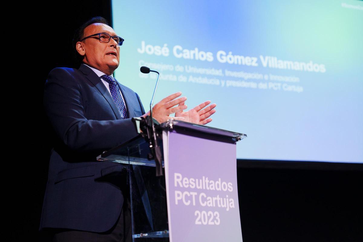 El consejero de Universidad, Investigación e Innovación y presidente del PCT Cartuja, José Carlos Gómez Villamandos, durante la presentación de los datos del PCT Cartuja.