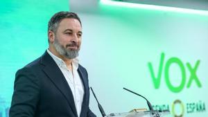 El líder de Vox, Santiago Abascal, comparece para adelantar la convocatoria de la asamblea general de su partido.