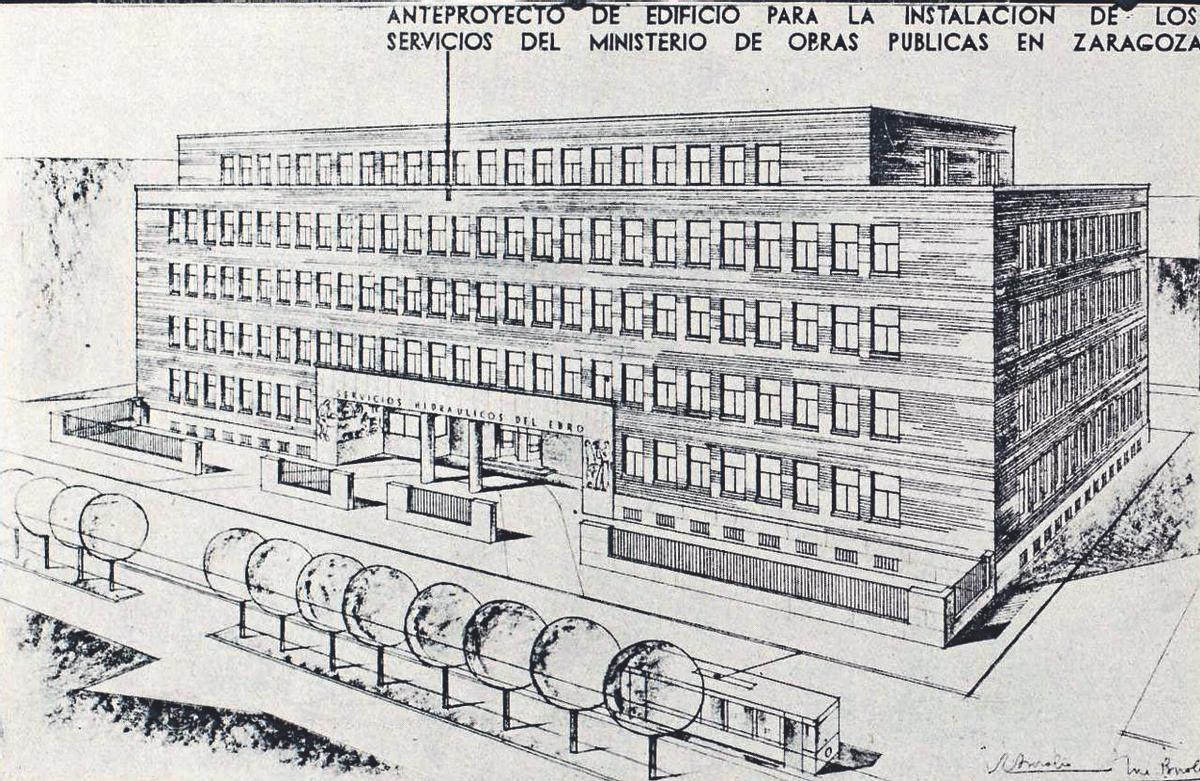 El diseño original de los arquitectos Regino y José Borobio para la sede de la CHE en Zaragoza.