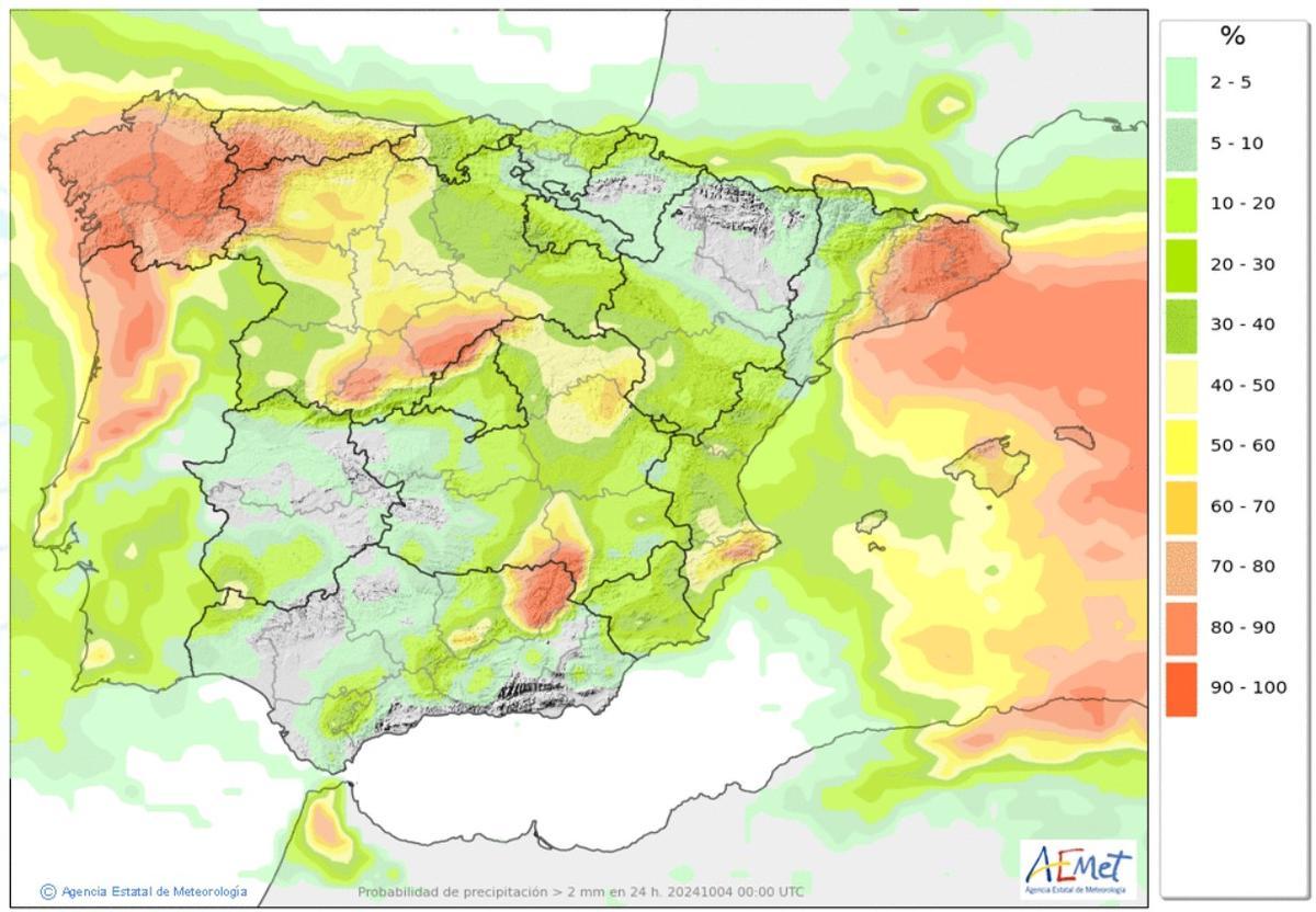 Probabilidad de lluvias en Andalucía y España con más de 2 litros de  lluvias por metro cuadrado.